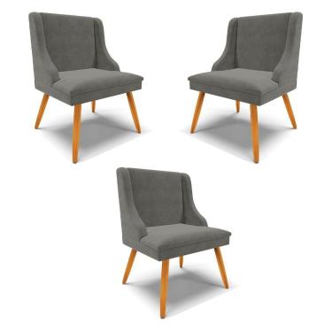 Imagem de Kit 3 Cadeiras Decorativas Sala De Jantar Pés Palito De Madeira Suede Grafite/natural