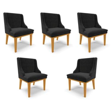 Imagem de Kit 5 Cadeiras Decorativas Sala De Jantar Base Fixa De Madeira Firenze Suede Preto/castanho