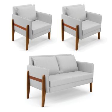 Imagem de Kit 1 Sofá Namoradeira E 2 Poltronas Lana Linho Base De Madeira - D'rossi Cor A05 Cinza