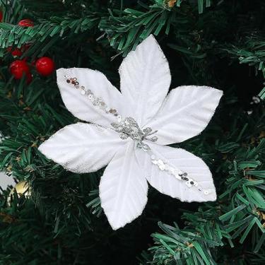 Imagem de tiecawk 20 peças de enfeite de flor de Natal com glitter, flores artificiais de poinsétia de Natal com hastes para árvore de Natal, guirlanda de Natal, decoração de casamento (branca)