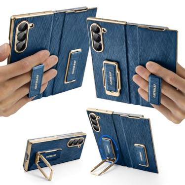 Imagem de XAOVUIR Capa dupla para Samsung Galaxy Z Fold 7 com suporte, capa dobrável de couro e metal com alça de pulso e proteção de dobradiça, capa com suporte à prova de quedas para telefone Fold7, azul Aura