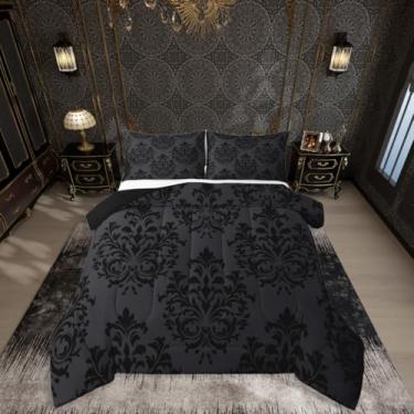 Imagem de jejeloiu Conjunto de cama com estampa de damasco, macio, para meninos e meninas, tamanho Queen, boêmio, damasco, microfibra, estilo barroco, decoração de quarto, 3 peças com 2 fronhas