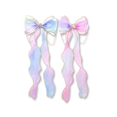 Imagem de Kit 2 Laços Arco-Íris para Cabelo Infantil com Pérolas e Fitas Longas – Acessório de Princesa em Degradê Rosa e Azul, Bordas Douradas, Estilo Fada Encantada