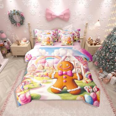 Imagem de Erosebridal Jogo de cama solteiro com desenho animado de Natal, casa de doces kawaii, 7 peças, para quarto de meninas, mulheres e adolescentes, cama masculina de gengibre de Natal em uma bolsa