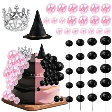 Imagem de Kit de decoração de bolo malvado com 42 peças - Topo de bolo malvado com balões pretos, coroa de prata, chapéu malvado e bolas de glitter para aniversário, suprimentos de festa de fantasia (bola rosa