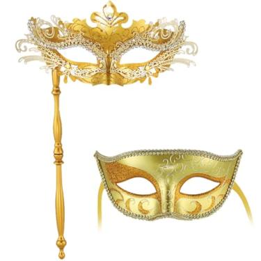 Imagem de Um par de máscaras para casais, máscara feminina portátil e masculina, máscaras de carnaval, conjunto de baile de máscaras venezianas para Halloween, festa à fantasia, cosplay