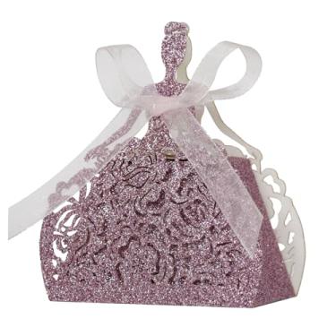 Imagem de Pacote com 50 caixas de lembrancinhas de festa de casamento cortadas a laser para meninas, saco de doces, chocolate, chá de casamento, bomboniere com fitas, caixas de doces com glitter, caixas de