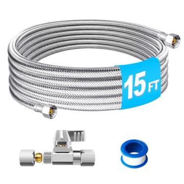 Imagem de Kit de linha de água para geladeira – Linha de água trançada de aço inoxidável de 15 pés com válvula de esfera de latão, mangueira interna PEX de grau alimentício, linha de água de geladeira com