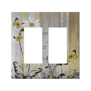 Imagem de Nadoabtm Capas decorativas rústicas amarelas brancas margaridas folhas pretas borboleta girassol grão de madeira 2 grupos duplo GFCI balancim painéis elétricos de parede placa de cobertura para casa