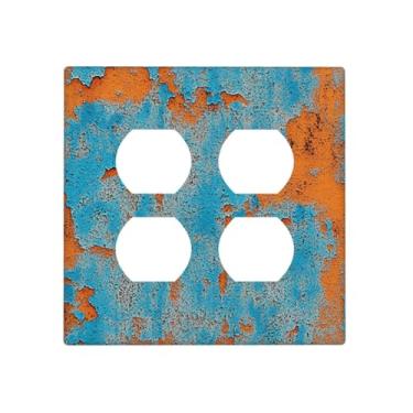 Imagem de JDAKHD Capas de tomada decorativas rústicas azuis laranja abstratas 2 gangues placa de parede dupla metal ferrugem vintage placas elétricas decoração de banheiro quarto