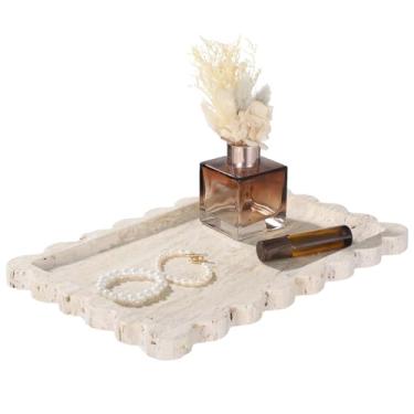 Imagem de Bandeja de travertino recortada, bandeja decorativa de pedra de 30 x 20 cm para balcão de banheiro, organizador de perfume de joias retangular com tons naturais