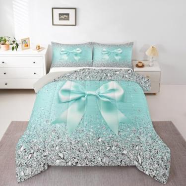 Imagem de Erosebridal Conjunto de edredom fofo com laço e nó de fita, diamante cinza com glitter, conjunto de cama casal, princesa sonhadora ciano, laço de aquarela, decoração de quarto fofo, estética kawaii