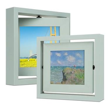 Imagem de Gdfmsc Moldura giratória de 10 x 10 cm, pacote com 2, tela de visualização frente e verso, vidro real, de madeira de pinho, moldura de mesa vertical ou horizontal, vertical ou horizontal, azul