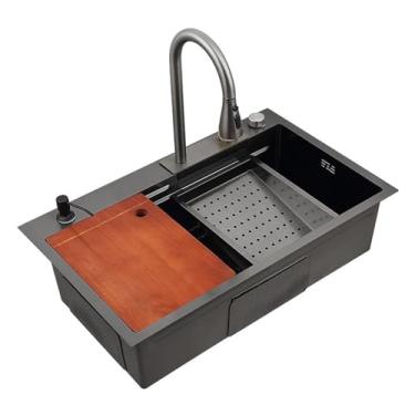 Imagem de TRGCJGH Conjunto de pia de aço inoxidável, pia de cozinha em cascata, pia suspensa com acessórios, lavatório de lava-louças pia única para estação de trabalho (80 x 45 cm)