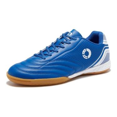 Imagem de LEOCI Tênis masculino de futebol/futsal para uso interno, sola plana de borracha para treinamento, Azul royal/branco, 12 Women/10.5 Men