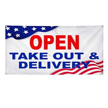 Imagem de Banner de vinil vários tamanhos aberto para levar e entregar café restaurante mercearia licor bandeira americana negócios ao ar livre à prova de intempéries placas de quintal industrial 4 ilhós 61 x