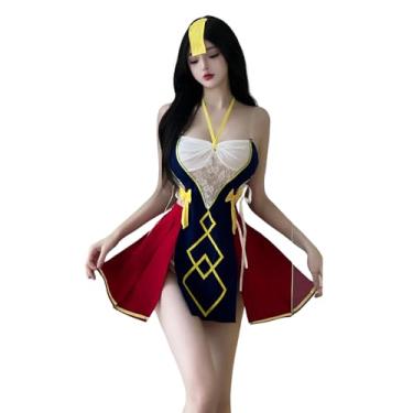 Imagem de Temptshow Women's cosplay maid lingerie hollowed out Halloween sexy French maid uniform (blue red)