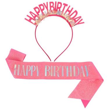 Imagem de Conjunto de Faixa e Tiara de Aniversário para Menina, Faixa Rosa com Glitter "Feliz Aniversário" com Alfinete Segurança Conjunto Tiara Decoração Aniversário Presente para Mulheres