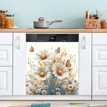 Imagem de ATTX Capa de ímã de aquarela prado margaridas para lava-louças, 58,4 cm C x 66 cm A decoração da capa da máquina de lavar louça, decalques de armário doméstico eletrodomésticos adesivos #206