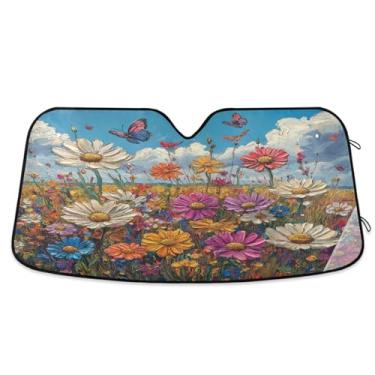 Imagem de ATTX Pára-brisas de carro colorido flores silvestres prado para-sol 134.6 cm x 59.7 cm protetor solar universal com proteção UV, persiana de janela frontal automática dobrável para Sedans SUVs