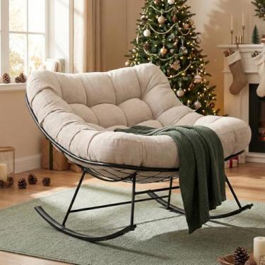 Imagem de Bme Cadeira de balanço para pátio externo e interno, cadeira de balanço de metal com almofada grossa, cadeira de balanço moderna confortável para sala de estar, varanda, quintal, almofada bege - preto