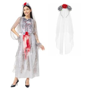 Imagem de Vestido de noiva de terror com véu de noiva fantasma fantasia feminina crânio assustador vestido de zumbi sangrento para Halloween (P)
