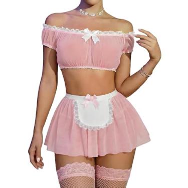 Imagem de Avidlove Conjunto de roupa de empregada sexy com ombro de fora, minissaia de malha com tanga e fantasias de Halloween (pacote com 3), rosa, M