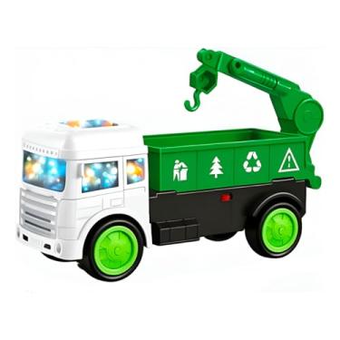 Imagem de Caminhão de Reciclagem de Brinquedo com Luz e Som, Verde, Sistema Bate e Volta, Rotação 360°, Plástico Resistente, 25cm, 3+ Anos