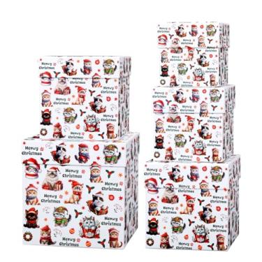 Imagem de Roowest 5 caixas de presente de Natal com tampas, caixas de presente de papelão empilháveis quadradas para gatos, embalagem decorativa de papel de embrulho de Natal para presente de festa de Natal