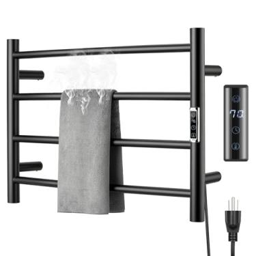 Imagem de yariwiz (1 pacote) Aquecedor de toalhas elétrico com temporizador embutido montado na parede toalheiro aquecido para banheiro, design plug-in preto