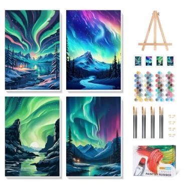 Imagem de Camocin Kit de pintura emoldurada por números para adultos com cavalete de madeira, tinta aurora por números com moldura para iniciantes, céu estrelado por kits de números em tela emoldurada 20 x 30