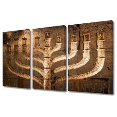 Imagem de Arte em tela judaísmo decoração de casa sala de estar retro religiosa menorá pintura em tela arte de parede feriado judaico Hanukkah pôster de parede arte contemporânea 3 peças emoldurado esticado