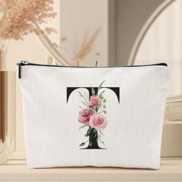 Imagem de Bolsa de maquiagem inicial, presentes personalizados para mulheres, presentes de dama de honra para o dia do casamento, Bege 2359