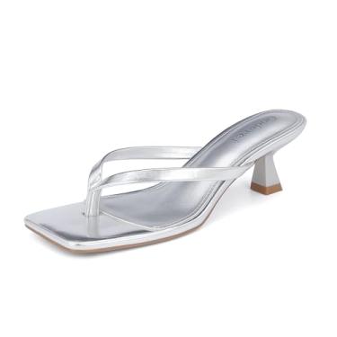 Imagem de Goderci Sandália feminina de salto baixo com bico aberto quadrado gatinho, Prata, 37