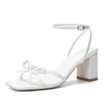 Imagem de Goderci Sandálias femininas de salto alto grosso com bico aberto quadrado com tiras de laço, Branco, 40