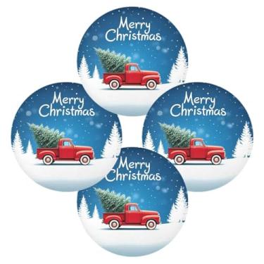 Imagem de Wassud Jogo americano conjunto de 4 tapetes redondos de caminhão de Natal com neve para cozinha e jantar tapetes laváveis resistentes ao calor para decoração de mesa 39 cm