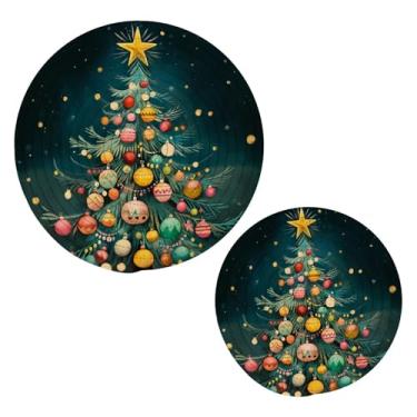 Imagem de Wassud Conjunto de tripé de árvore de Natal colorido para pratos quentes, suportes redondos de panela, almofadas quentes de algodão, porta-copos resistentes ao calor para decoração de cozinha, bancada