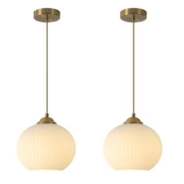 Imagem de Luminária pendente estilo moderno de meados do século XX, com globo de vidro canelado, conjunto de 2 luminárias pendentes douradas, luminárias pendentes para ilha de cozinha em latão antigo,