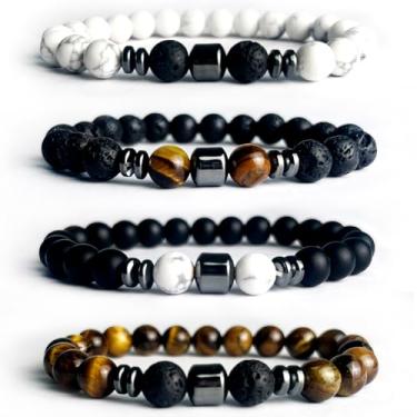 Imagem de Conjunto de pulseiras de olho de tigre para homens – contas de pedra natural de 8 mm, pulseira elástica de pedra vulcânica ajustável com contas de cristal preto para presentes masculinos e femininos
