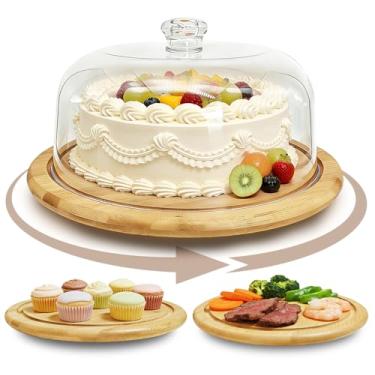 Imagem de Pesilo Suporte de bolo com tampa de cúpula, prato de exibição de bolo de madeira de acácia de 30,5 cm, suporte de sobremesa com capa, tábua de charcutaria de madeira rotativa, bandeja de servir para