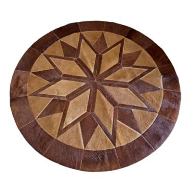 Imagem de Tapete de Couro Natural Mandala Premium, Design Geométrico em Tons de Pinhão e Caramelo, Redondo 1,60m de Diâmetro