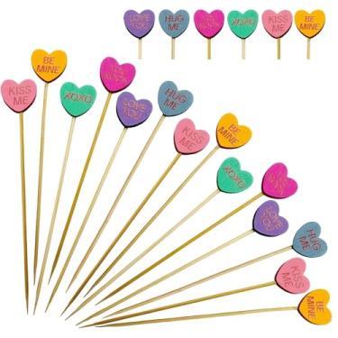 Imagem de Pacote com 120 palitos de madeira para coquetéis de coração para conversas, espetos de bambu de 12 cm para suprimentos de festa do dia dos namorados, tábuas de charcutaria, bebidas e topos de bolo, 6