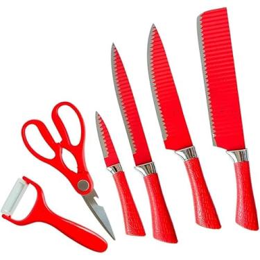 Imagem de Conjunto de Facas Premium, 6 Peças em Aço Inox, Vermelho, com Tesoura, Descascador e Facas do Chef para Cozinha Profissional, 9-20cm