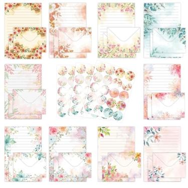 Imagem de RAORAOYUE Conjunto de 160 peças de papel e envelopes, 10 estilos diferentes de papel de escrita com tema floral (50 papéis de papelaria + 50 envelopes + 60 adesivos)