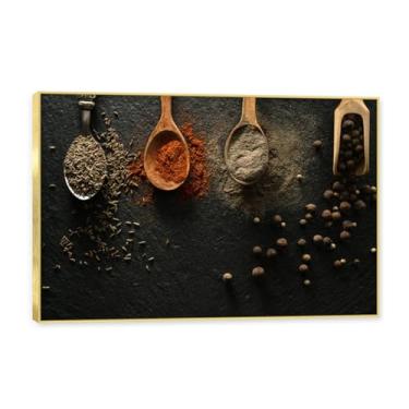 Imagem de NHLDZYH Moldura dourada. Arte de parede em tela de especiarias coloridas e colher de tempero | Decoração de cozinha vintage | Arte moderna para casa e sala de jantar. B42. 80 x 120 cm - 31,5 x 47,3