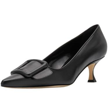 Imagem de Axellion Sapato social feminino de camurça, bico fino, salto baixo, fivela, Preto - PU, 39