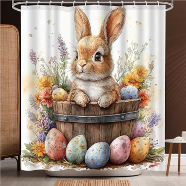 Imagem de Aperturee Cortina de chuveiro Coelhinho da Páscoa 182 x 182 cm Coelhos Fofos Ovos Florais Planta Decorativa para Cortina de Banho, Decorações de Banho com 12 Ganchos de Chuveiro de Plástico