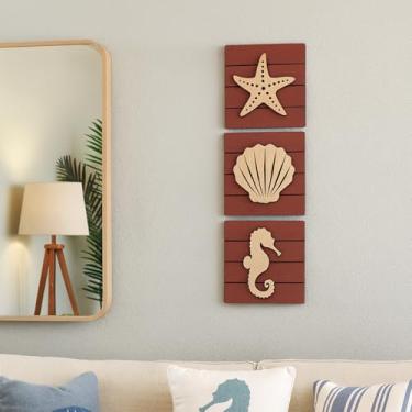 Imagem de Kit 3 Quadros Decorativos Mar Cavalo Marinho Concha e Estrela de Mar em MDF Amadeirado