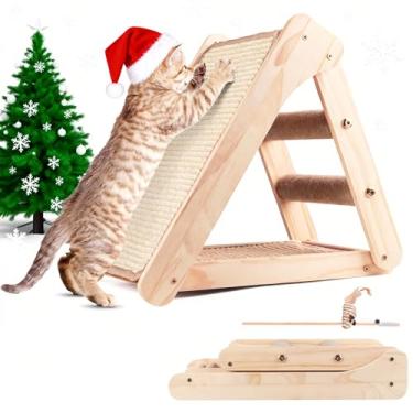 Imagem de Placa arranhadora de sisal para gatos, rampa triangular para arranhar gatos com escada de escalada, tábua de arranhar de madeira com 2 peças de almofada de sisal para gatinhos e pequenos animais uso