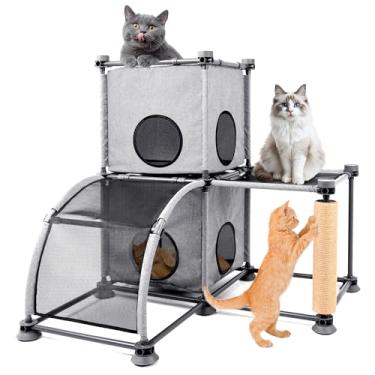 Imagem de PetEase Árvore grande para gatos com poste para arranhar, escada e poleiros – móveis de escalada para gatos em vários níveis para uso interno/externo + cinza/90 cm C x 90 cm L x 94 cm A
